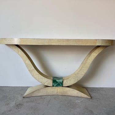 Karl Springer Art Deco–Style Parchment Leather and Malachite Accent Console Table 