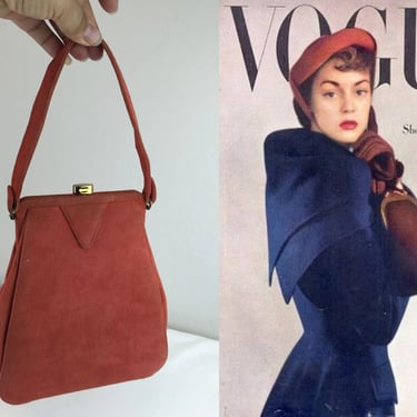 In Her Very Best Ensemble - Vintage 1940s Coral Orange Rust Suede Leather Tall Handbag 