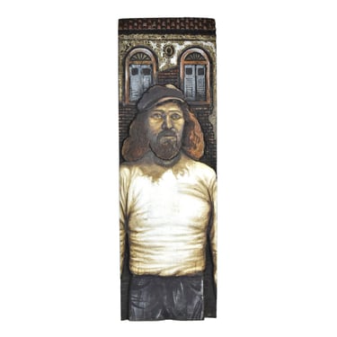 1970’s Carved Painted Wood Plank Portrait Long-Haired Bearded Man by Villa 