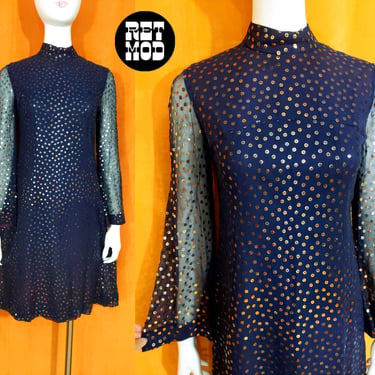 MAGICAL Vintage 60s 70s Dark Navy Blue Fully Sequined Mini Dress with Bell Sleeves by Fred Perlberg 