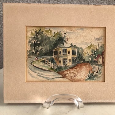Vintage small watercolor painting Americana folk art country road signed Alan Fowler 