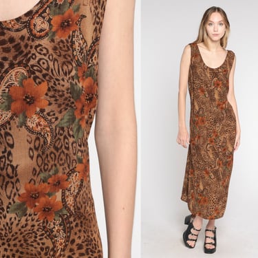 Leopard Print Dress Y2k Floral Paisley Midi Dress Grunge Flower Print Sleeveless Summer Day Tank Hippie Brown Vintage 00s Rayon 2xl xxl 18w 