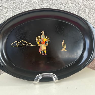 Vintage Couroc black oval tray Native American Hopi Southwestern theme inlaid 15” x 10” 