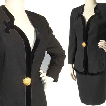 Vintage Alain Chabason Skirt Suit Black Wool & Velvet 2-Piece Set S 