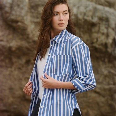 a.ren |  Blue + White Cotton Striped Button Down Shirt