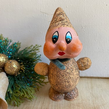 Vintage German Glitter Elf Candy Container Style Ornament, Vintage Christmas, Paper Mache Glass Glitter Gnome 