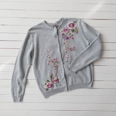 cute cottagecore sweater | 90s y2k vintage blue gray pink floral butterfly embroidered knitted cardigan 