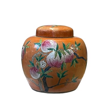 Oriental Orange Base Peaches Graphic Porcelain Round Jar ws2557E 
