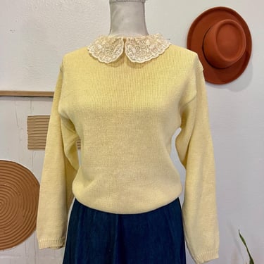 Vintage Cottage Pale Yellow Cotton Knit Delicate Lace Collar Pullover Sweater 