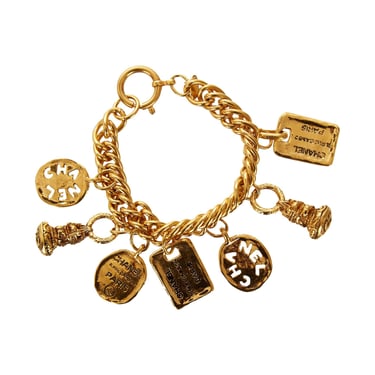 Vintage 90's CHANEL CC LOGO Letters Monogram Gold Plated Charm Bracelet  Bangle Cuff Jewelry