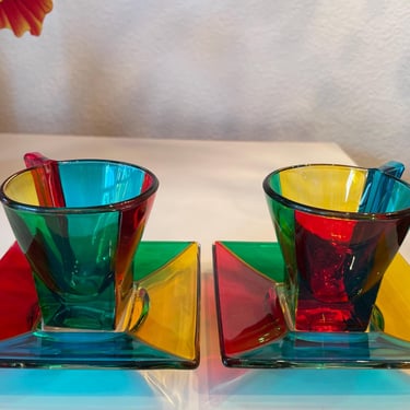 Vintage Italian Zecchin Style Murano Glass Art Deco Design Painted Conical Cup and Saucer | Murano Glass Cup and Saucer Set of 2 
