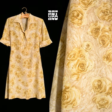 Classic Vintage 50s 60s Light Yellow/Beige Roses Print Short Sleeve Collared Dress 