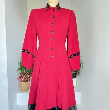 1940s Cherry Red Wool and Black Velvet Princess Coat with Bishop Sleeves WOW 