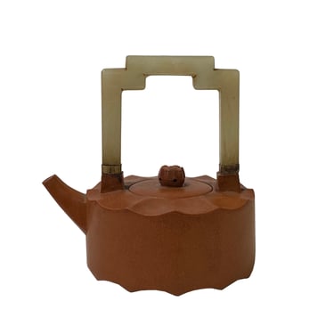 Chinese Zisha Clay Light Brown Jade Stone Handle Teapot Display Art ws2654E 
