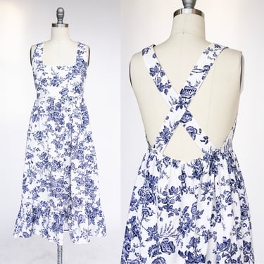 1970s Lanz Dress Blue Willow Floral Cotton Cross Back M/S 