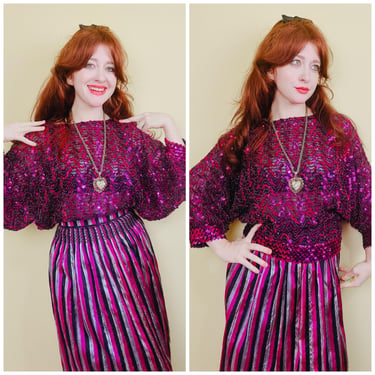 1980s Vintage Rob Hill Magenta Sequin Disco Top / 80s Dolman Sleeve Beaded Knit Blouse / Medium 