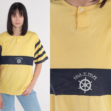 Nautical T-Shirt 80s Striped Henley Shirt Yellow Blue Embroidered Ships Helm Logo Tee Cala Di Volpe Italy TShirt Retro Vintage 1980s Large L 