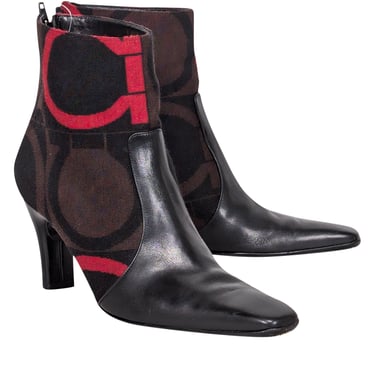 Ferragamo - Black Leather w/ Brown &amp; Red Print Detail Short Boots Sz 9