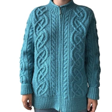 Vintage Womens Teal Blue 100% Wool Chunky Fisherman Celtic Cardigan Sz L 