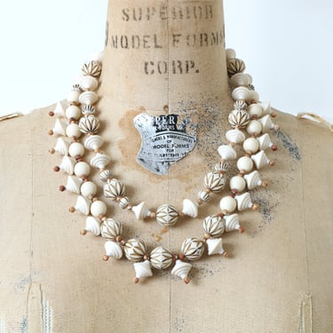 vintage white & gold Czech glass beads multi-strand necklace • mid-century styled statement beaded necklace 