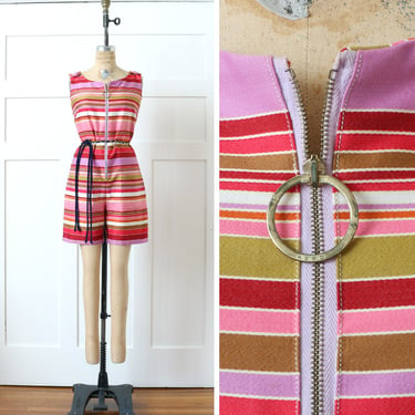vintage 1960s mod boxy romper • pink & red striped shorts jumpsuit with brass zipper and big pockets 
