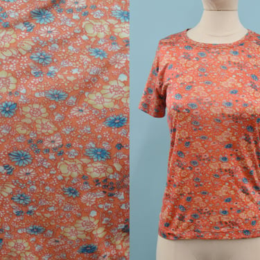 1970s Rose Colored Floral Nylon Top by RC, Vintage Everyday Wear, Size Sm/Med by Mo