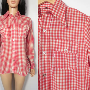 Vintage 70s Levis Mens Gingham Dagger Collar Button Up Picnic Shirt Size Mens XS Or Womens M 