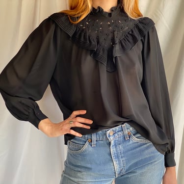 Vintage 70s Shirt / Puffy Sleeves 1970's Sheer Chiffon Up Blouse / Semi Sheer / Secretary Blouse / Black Eyelet Beaded Yoke Blouse 