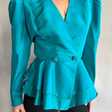 Vintage 80s Teal Peplum Silk Blazer Puff Shoulders 