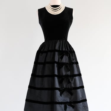 Vintage 1960's Black Velvet & Satin Bow Dress by Lanz / XS