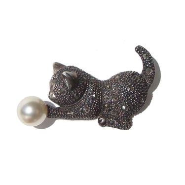 Vintage Sterling Silver Cat & Pearl Brooch Kitten Pin 