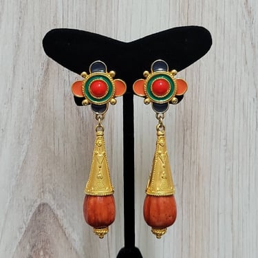 Vintage Ben Amun Gold Plated Colorful Drop Dangle Earrings Signed 