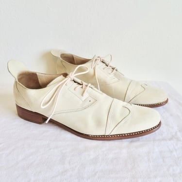 Jil Sander Size 39 Ecru White Cap Toe Suede Leather Oxford Shoes Lace Up Oxfords Tie Shoe Classic Men's Style Made in Spain 