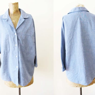 Vintage 70s Womens Blue Chambray Blouse M - 1980s Collared Botton Up Long Sleeve Top - Batwing Sleeve 