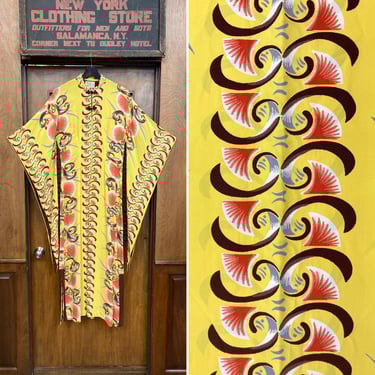 Vintage 1940’s Shaheens Atomic Vertical Silky Rayon Tiki Pake Muu Batwing Sleeve Hawaiian Dress, Pake Muu Dress, 1940s Dress, Hawaiian Dress 