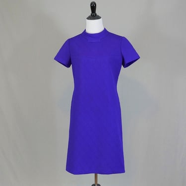 70s Purple Blue Dress - Diamond Texture - Poly Knit - Short Sleeve - Vintage 1970s - S 