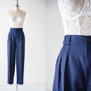 high waisted pants | 80s 90s vintage Savion navy blue dark academia pleated straight leg trousers 