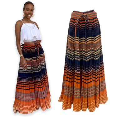 Vtg Vintage 1970s 70s Designer Elissa Accordion Pleat Sunset Striped Maxi Skirt 