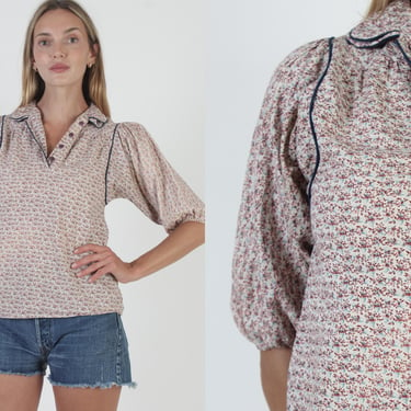 Flower Basket Print Shirt, Calico Floral Blouse, 70s Casual Boho Country Shirt, Prairie Button Up Tunic Shirt 