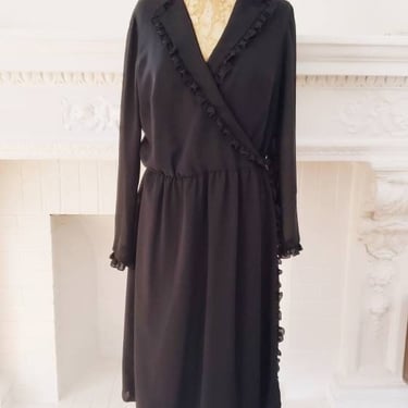 1970s Black Long Sleeved Cocktail Dress / 70s Midi Length Wrap Dress Ruffled Shawl Collar / L /Bernelle 