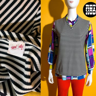 Mod Vintage 60s 70s Black & White Stripe V-Neck Top 