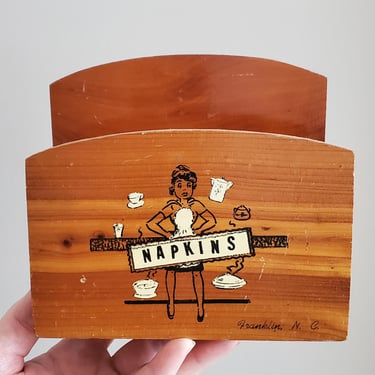 1960s Cedar Napkin Holder with Vintage Diner Scene - Vintage Decor - 60s Home Decor- 60s Kitchen 