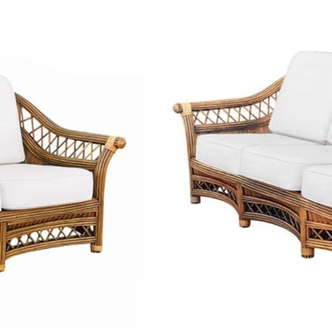 Art Deco "President" Stick Reed Rattan Fan Back Settee and Sofa Set 