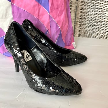 Sparkly Black Heels, Sequins Stilettos, Vintage 80s Pumps Shoes, Rockabilly Pin Up 