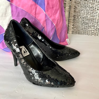 Vintage 80s Womens Black Suede Leather Sequin Rhinestone 