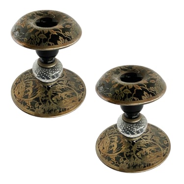 Victorian Black Amethyst Candle Holders with Silver Inlay, Pair 