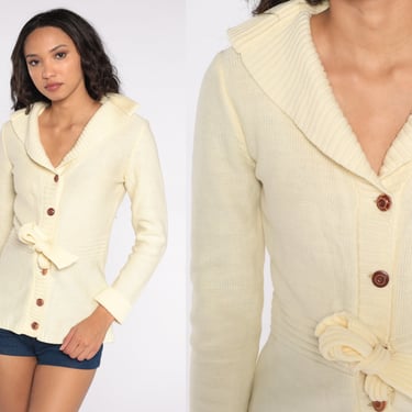 Cream Belted Cardigan 70s Shawl Collar Boho Sweater Button Up Slouchy Knit Cozy Vintage 1970s Slouch Retro Bohemian Plain Knitwear Small S 