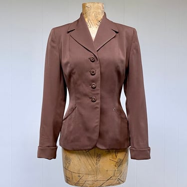 Vintage 1940s Brown Wool Gabardine Jacket, Princess Seam Hourglass Silhouette, New Look Blazer, 40s Girl Friday 