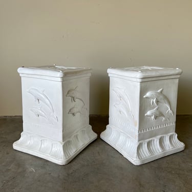 Vintage Plaster Dolphin Side Tables W/ Glass Top 