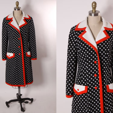 Late 1960s Black, White and Red Polka Dot Long Sleeve Double Knit Polyester Button Down Jacket Coat by Lilli Ann Knit -S 